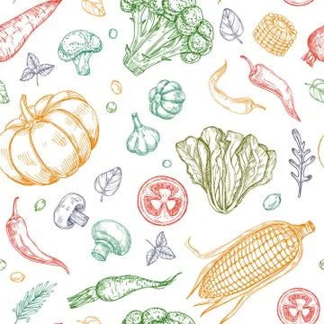 Sketch vegetables seamless pattern. Vegetable soup organic farm food vector Stock Illustration