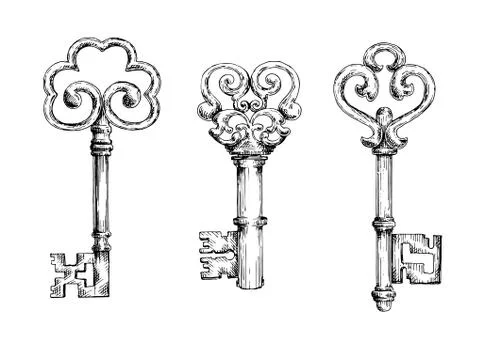 Sketch of vintage keys with curly elements Stock Illustration