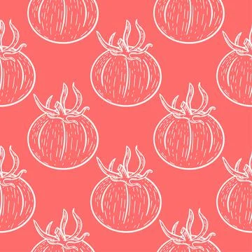 Sketch white tomatoes on red background seamless pattern Stock Illustration