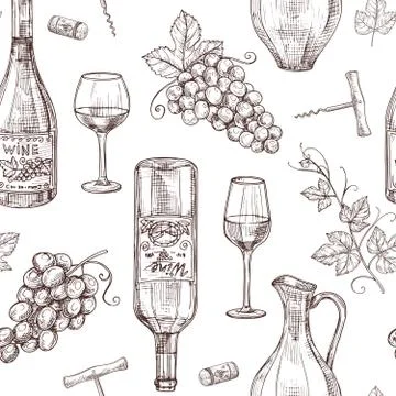 Sketch wine seamless pattern. Wine bottles wineglass corkscrew and grape. Winery Stock Illustration
