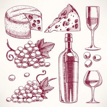 Sketch wine set Stock Illustration