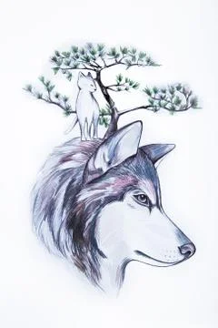 Sketch of wolf head and cat and tree on white background. Stock Illustration