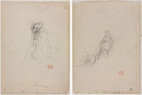 Sketch for "The Wolf Turned Shepherd" (recto) Sketch of Hunting Scene (vers.. Stock Illustration