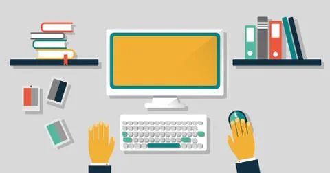 Sketch of the workplace with a computer, keyboard, mouse, with shelves and books Stock Illustration