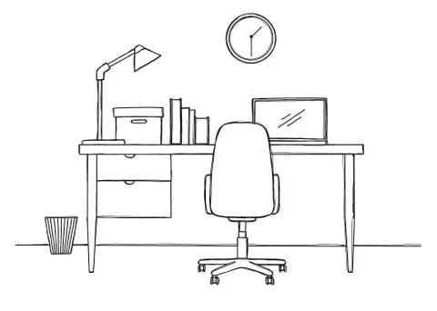Sketch the workplace in front of the computer. Vector Stock Illustration