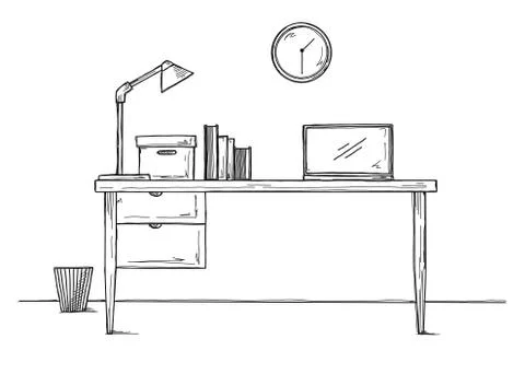 Sketch the workplace in front of the computer. Vector 스톡 일러스트