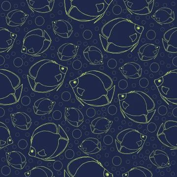 Sketch yellow outline fish pattern on dark blue background Stock Illustration