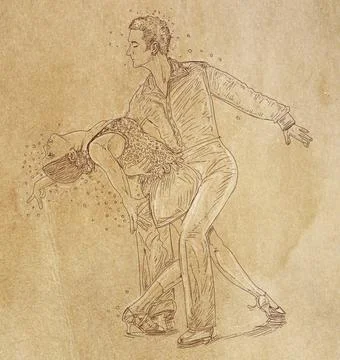 Sketch of a young couple dancing tango on old paper Stock-Illustration