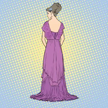 The sketch with the young graceful model. Back view of the dress. Long evening Stock Illustration