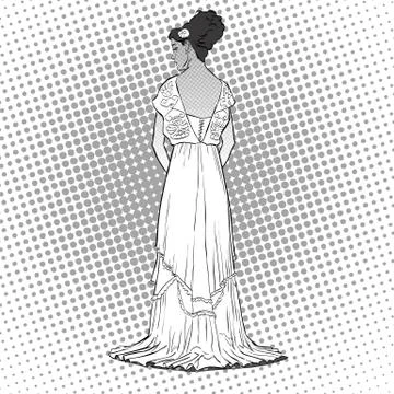 The sketch with the young graceful model. Back view of the dress. Long evening Stock Illustration