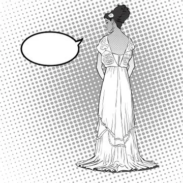 The sketch with the young graceful model. Back view of the dress. Long evening Stock Illustration