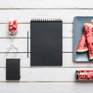 Sketchbook on white kitchen table Foto stock