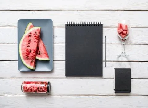 Sketchbook on white kitchen table Stock Photos