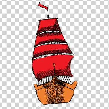 Sketche of ship with RED sails Illustrazione stock