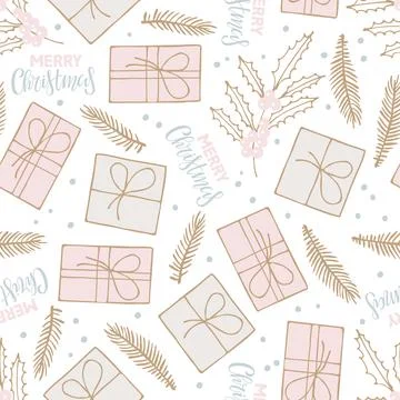 Sketched Christmas elements Seamless pattern. Gift boxes, text, evergreen Stock Illustration