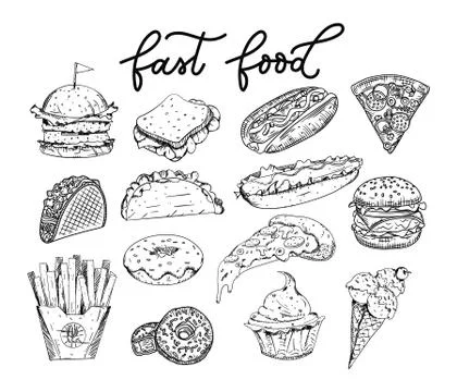 Sketched fastfood elements set Stock Illustration