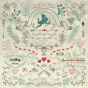 Sketched Flourish Design Elements on Crumpled Paper Illustrazione stock
