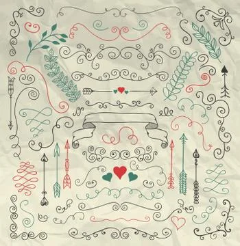 Sketched Rustic Floral Design Elements on Crumpled Paper Stock Illustration