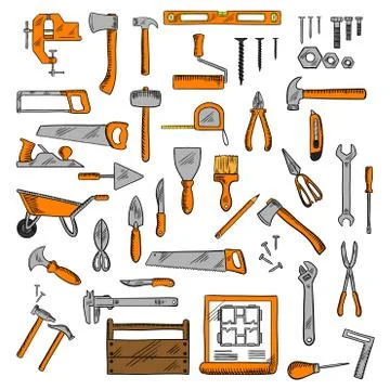 Sketched tools for building, carpentry, shoemaking Stock Illustration