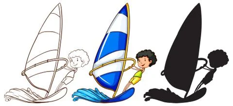 Sketches of a boy playing with the waves in three colours Ilustración de archivo
