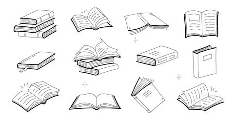 Sketches of open, closed books, stack of textbooks Stock Illustration