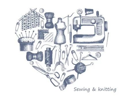 Sketches of tools and materials for sewing and knitting in the form of a hear Stock Illustration