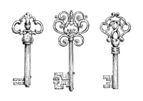Sketches of vintage keys with forged elements Stock Illustration