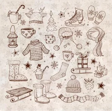 Sketches of winter elements - ugg boots, warm clothes, lantern, scarf, sleigh Ilustración de archivo