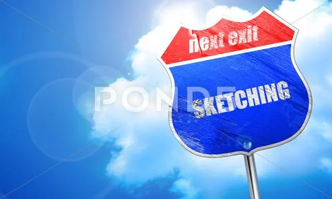 Sketching, 3D rendering, blue street sign Stock Illustration