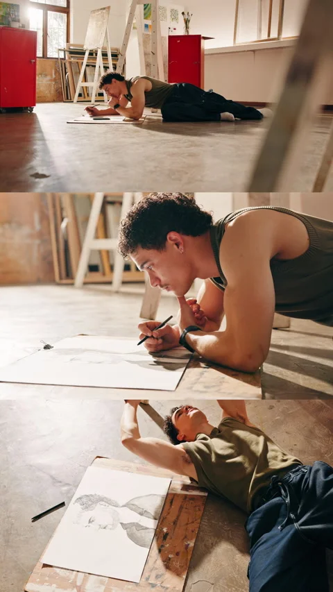 Sketching, calm or college student in studio with thinking, learning or 스톡 동영상 346290246