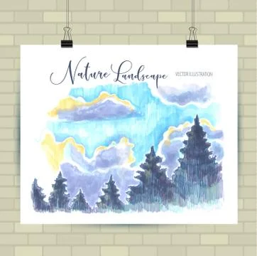 Sketching illustration in vector format. Poster with beautiful landscape. Han 스톡 일러스트