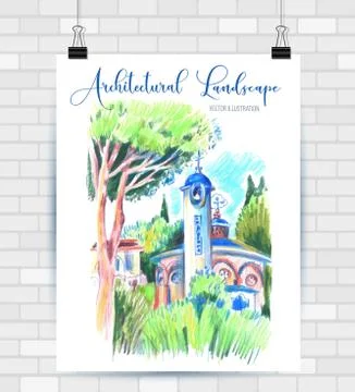 Sketching illustration in vector format. Poster with beautiful landscape and  Stock Illustration