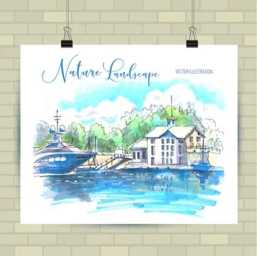 Sketching illustration in vector format. Poster with beautiful seascape . Hand Stock Illustration