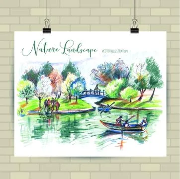 Sketching illustration in vector format. Poster with beautiful landscape. Han Stock Illustration