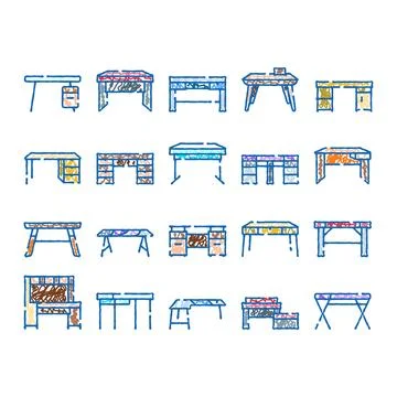 Sketchy drawing collection of different office desks and tables Stockillustratie