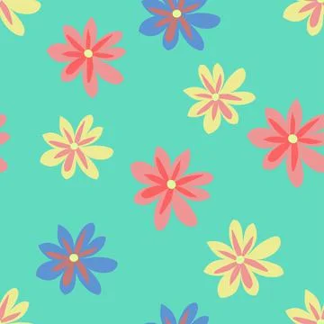 Sketchy Floral Vector Pattern In Pink, Blue And Yellow On An Aqua Green Backd Stock Illustration
