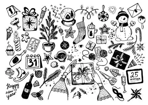 Sketchy vector hand-drawn doodle cartoon set of objects and symbols on New Year Stock Illustration