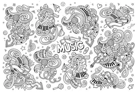 Sketchy vector hand drawn doodles cartoon set of Music objects Illustrazione stock