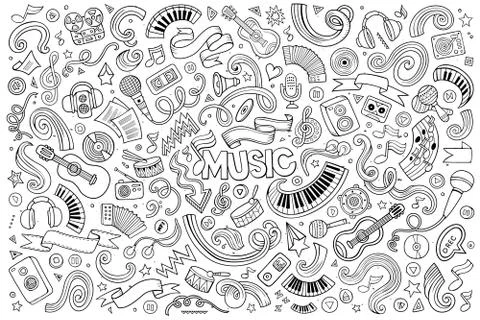 Sketchy vector hand drawn doodles cartoon set of Music objects 스톡 일러스트