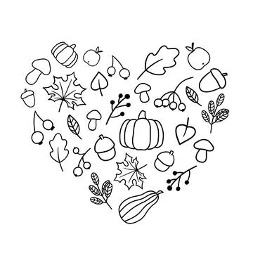 Sketchy vector hand drawn leaves, pumpkin, acorn. Doodle set of objects and Stock Illustration