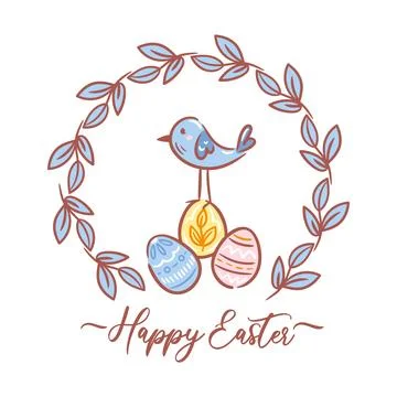 Sketchy vector illustration of an Easter wreath with a bird and eggs. Features Stock Illustration