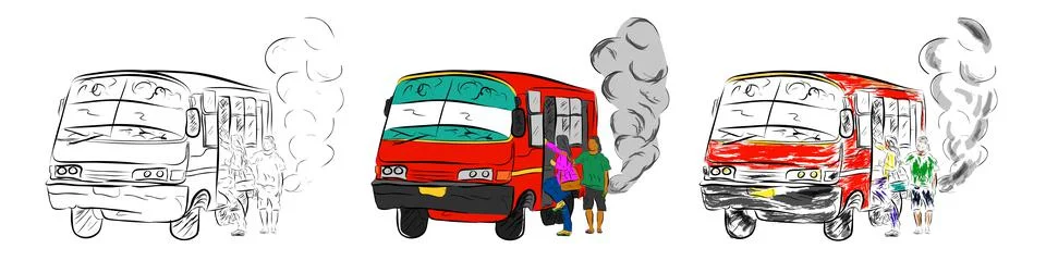 Sketchy Vector Set 3Hand Draw old and Rusty medium scale bus, at big city inc Illustrazione stock