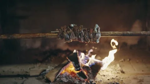 A skewer of meat is being cooked over a fire Stock Footage 273773734