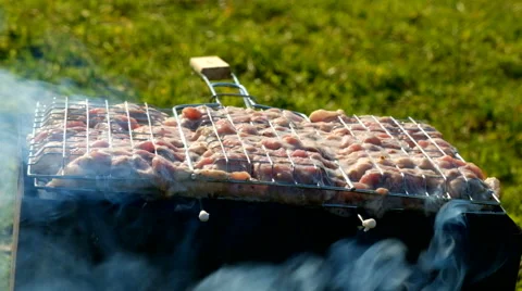 Skewer meat frying Stock Footage 63432068