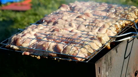 Skewer meat frying Stock Footage 63432210