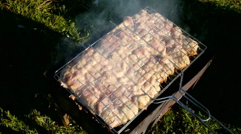 Skewer meat frying Stock Footage 63432287