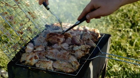 Skewer meat frying Stock Footage 63432681