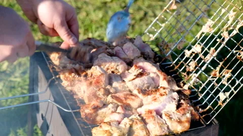 Skewer meat frying Stock Footage 63432771