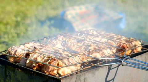 Skewer meat frying Stock Footage 63432838
