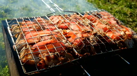 Skewer meat frying Stock Footage 63433098